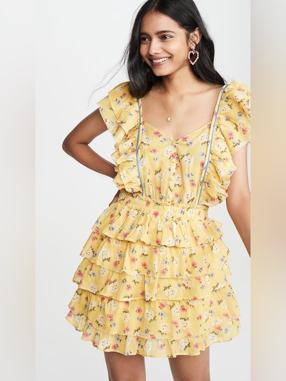 LoveShackFancy Phyllis Yellow Floral Ruffle Tiered Mini Dress Size XS